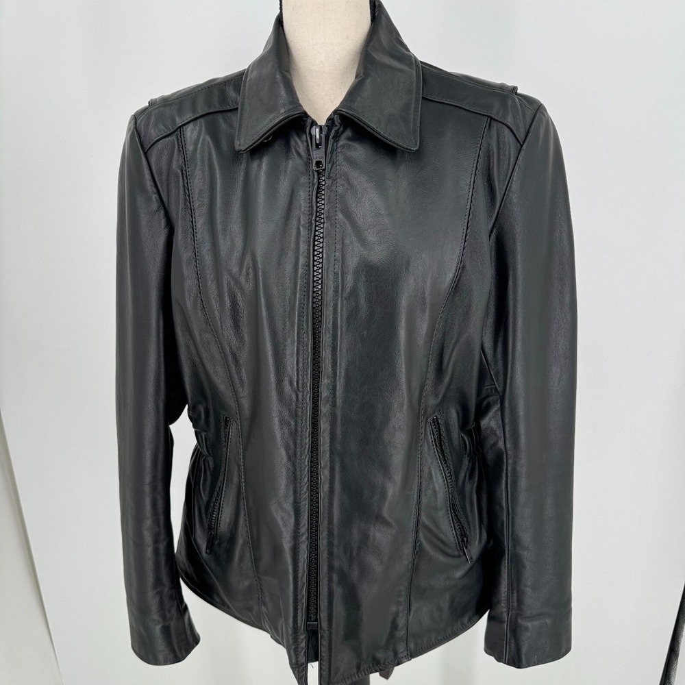 BIE Custom Leather Motorcycle Jacket WOMENS‎ Black Full Zip Coat SIZE LARGE